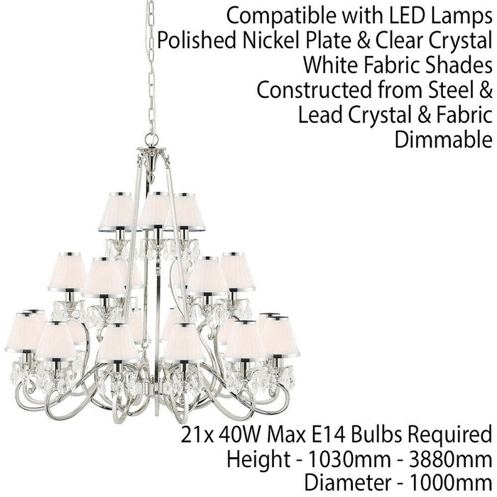 Esher Ceiling Pendant Chandelier Nickel Crystal & White Shades 21 Lamp Light Loops