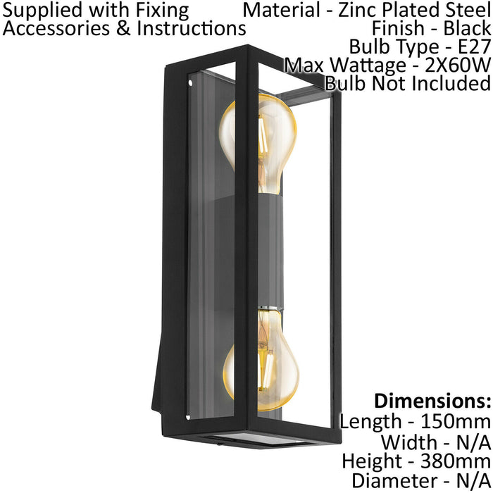 2 PACK IP44 Outdoor Wall Light Black / Square Glass shade 60W E27 Porch Lamp Loops