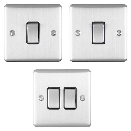 Light Switch Pack - 2x Single & 1x Double Gang - SATIN STEEL / Black 2 Way 10A Loops