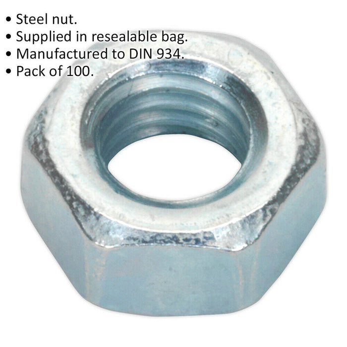 100 PACK - Steel Finished Hex Nut - M5 - 0.8mm Pitch - Manufactured to DIN 934 Loops