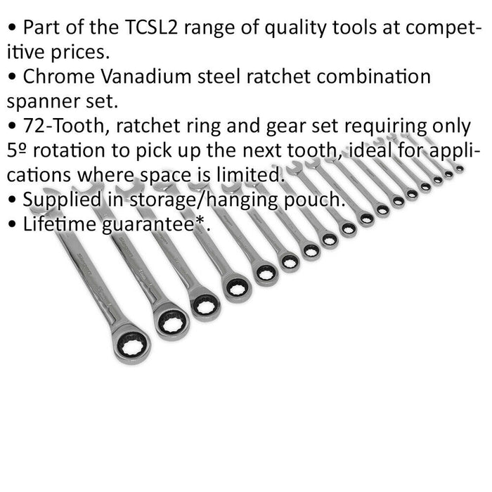 17pc Ratchet Combination Spanner Set - 12 Point Metric Ring Open Head Wrench Loops