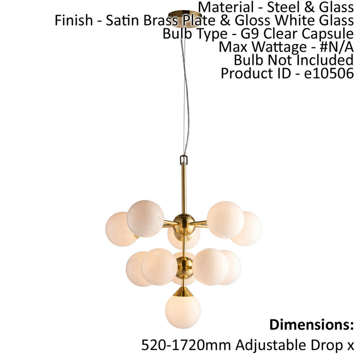 Ceiling Pendant Light Satin Brass Plate & Gloss White Glass 11 x 18W G9 Loops