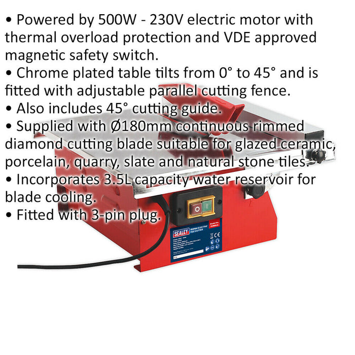 180mm Portable Tile Cutter - 230V 500W - 0 to 45 Degree Mitre 3.5L Water Cooled Loops