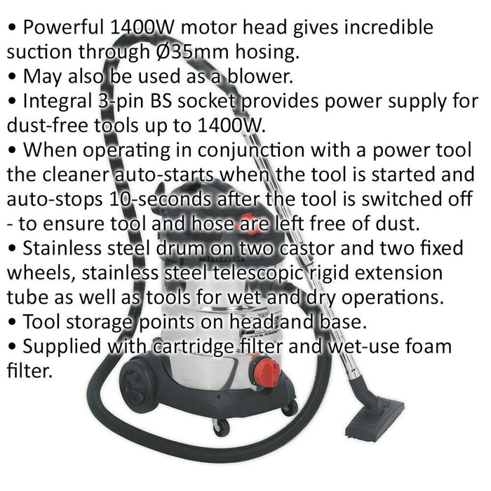 1400W Industrial Wet & Dry Vacuum Cleaner - 30L Steel Drum - Auto Start Feature Loops