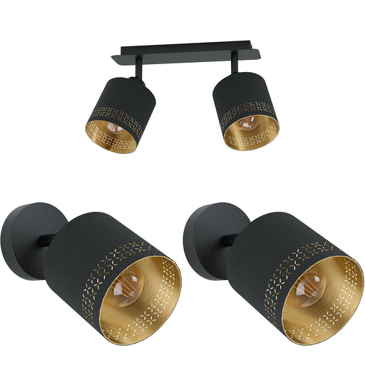 Twin Ceiling Spot Light & 2x Matching Wall Lights Black & Gold Shade Moving Head Loops
