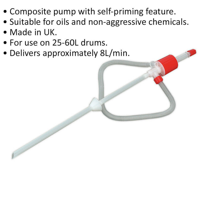 Self-Priming Syphon Pump for 25L to 60L Oil Drums - Composite Pump - 8L Per Min Loops