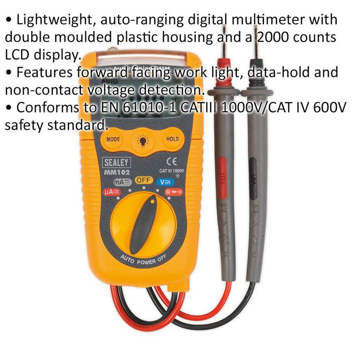 Lightweight Auto-Ranging Digital Multimeter - LCD Display - Plastic Housing Loops