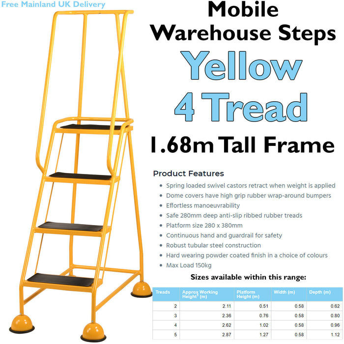4 Tread Mobile Warehouse Steps YELLOW 1.68m Portable Safety Ladder & Wheels Loops