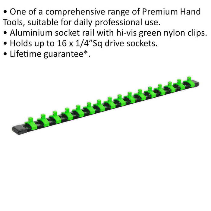 1/4" Square Drive Bit Holder - 16x Sockets - GREEN Retaining Rail Bar Storage Loops