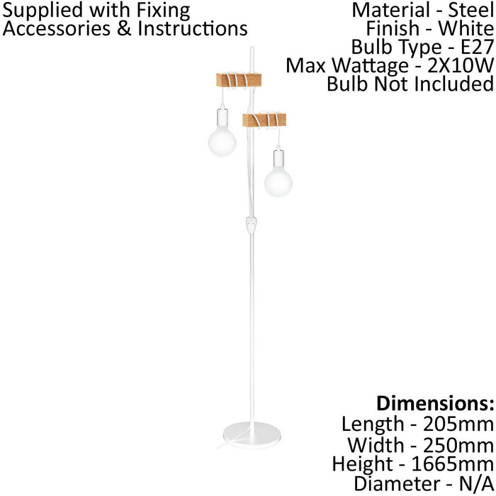 Standing Floor Lamp Light White Base & Twin Wood Hangman 2 x 10W E27 Bulb Loops