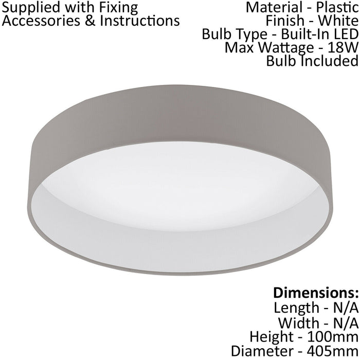 Flush Ceiling Light Colour White Shade Taupe Fabric Bulb LED 18W Included Loops