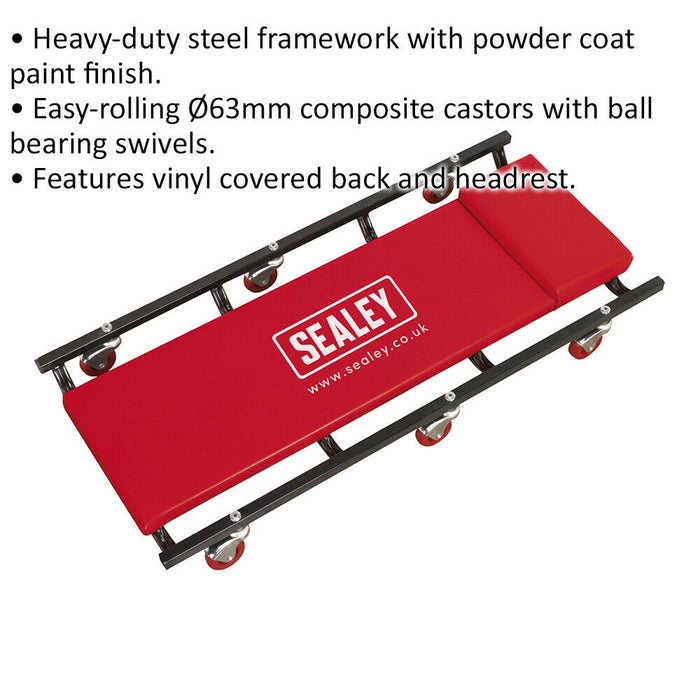 Red Heavy Duty Steel Creeper - Composite Castors - 150kg Capacity - Vinyl Cover Loops