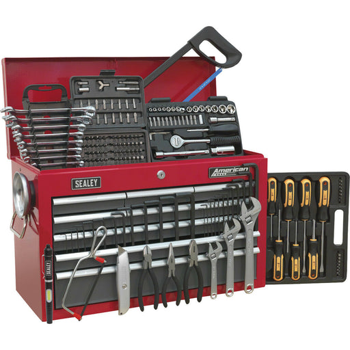 9 Drawer Topchest with 205 Piece Tool Kit - Ball Bearing Slides - Red & Grey Loops