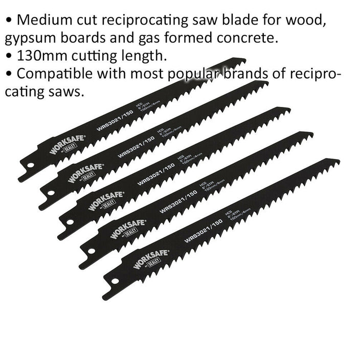 5 PACK 150mm Reciprocating Saw Blade - 6 TPI - Medium Cut Wood Concrete Loops