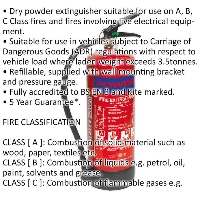 6kg Refillable Dry Powder Fire Extinguisher - Mounting Bracket - Pressure Gauge Loops
