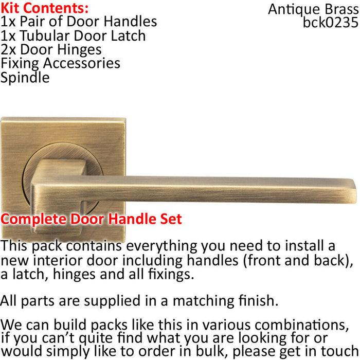 Door Handle & Latch Pack Antique Brass Straight Lever Screwless Square Rose Loops