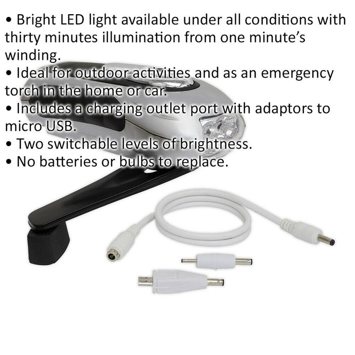 Three LED Rechargeable Wind-Up Torch - Two Brightness Levels - Micro USB Loops