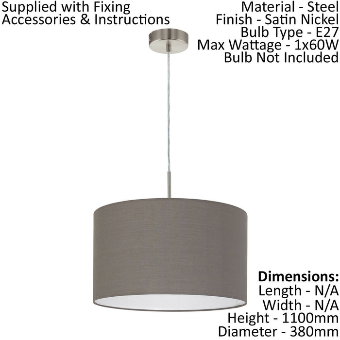 Pendant Light Colour Satin Nickel Shade Anthracite Brown Fabric Bulb E27 1x60W Loops