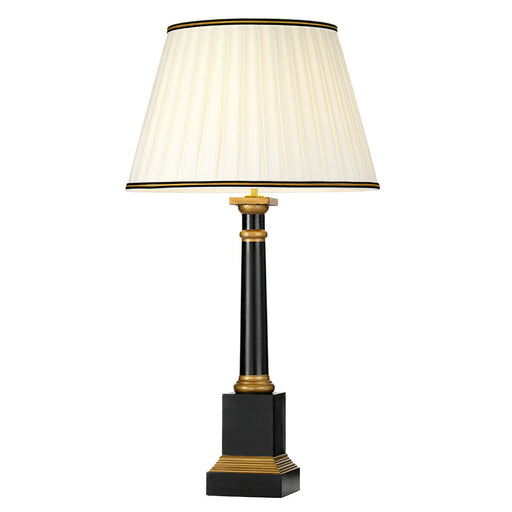 Table Lamp Black Column Ivory Box Pleat Shade with Black & Gold Trim LED E27 60w Loops