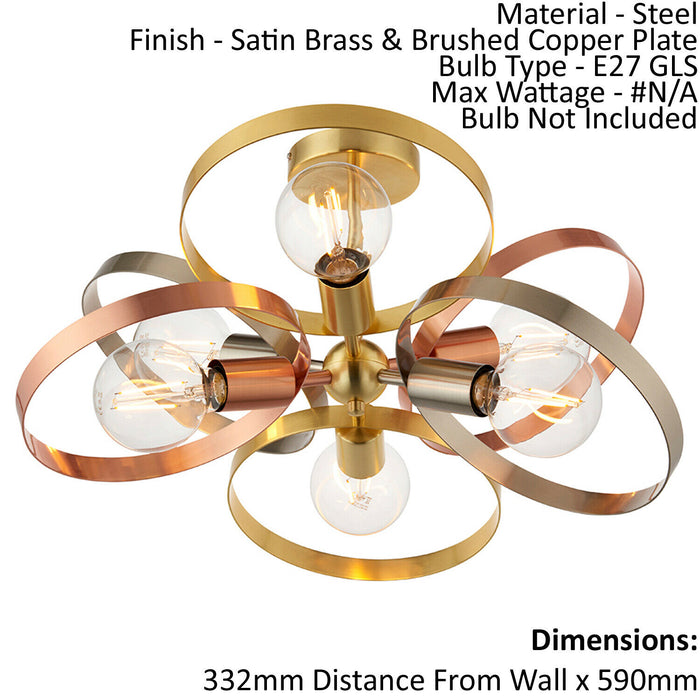 Semi Flush Ceiling Light - Satin Brass & Brushed Copper Plate - 6 x 40W E27 GLS Loops