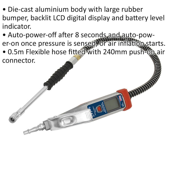 Premium DIGITAL Tyre Inflator - Twin Push-On Chuck - 240mm Arm & 0.5m Hose Loops