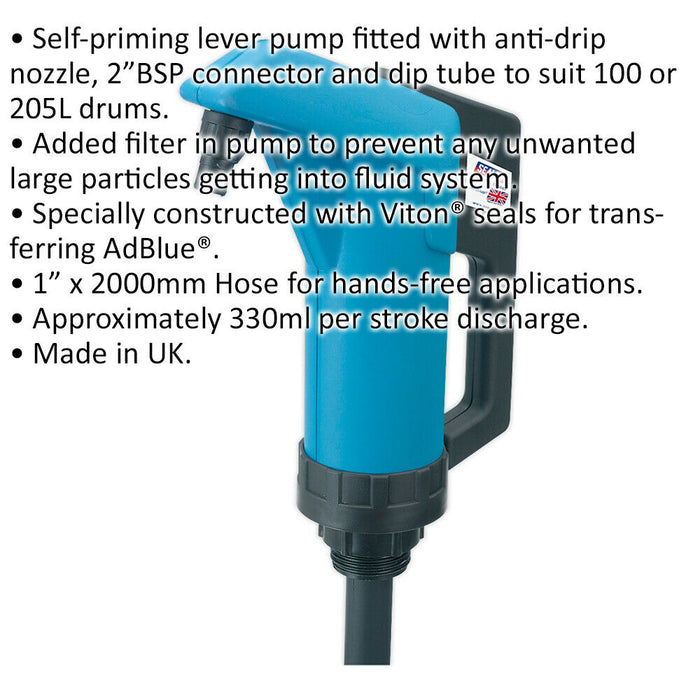 Heavy Duty AdBlue Lever Action Pump - 2" BSP Connector - 330ml Per Stroke Loops