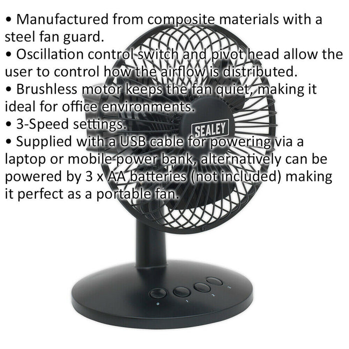 6 Inch Oscillating USB Desk Fan - 3 Speed Settings - Personal Desktop Cooler Loops