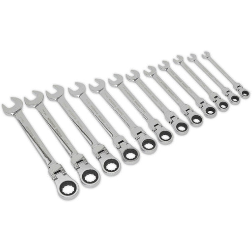 12pc Flexible Head Ratchet Combination Spanner Set - 12 Point Moving Metric Ring Loops