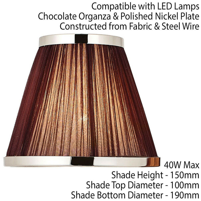 8" Luxury Round Tapered Lamp Shade Brown Pleated Organza Fabric & Bright Nickel Loops