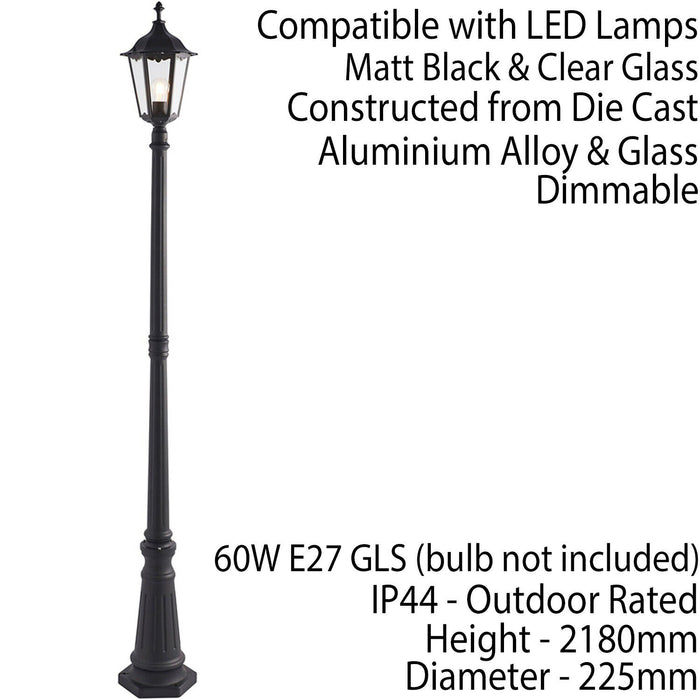 Outdoor Post Lantern Bollard Light Matt Black & Glass 2180mm Tall Garden Lamp Loops