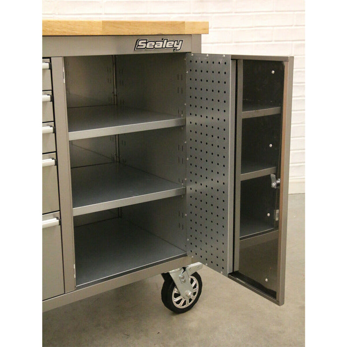 1990 x 490 x 950mm Mobile STAINLESS STEEL Tool Cabinet - 10 Drawer & Cupboard Loops