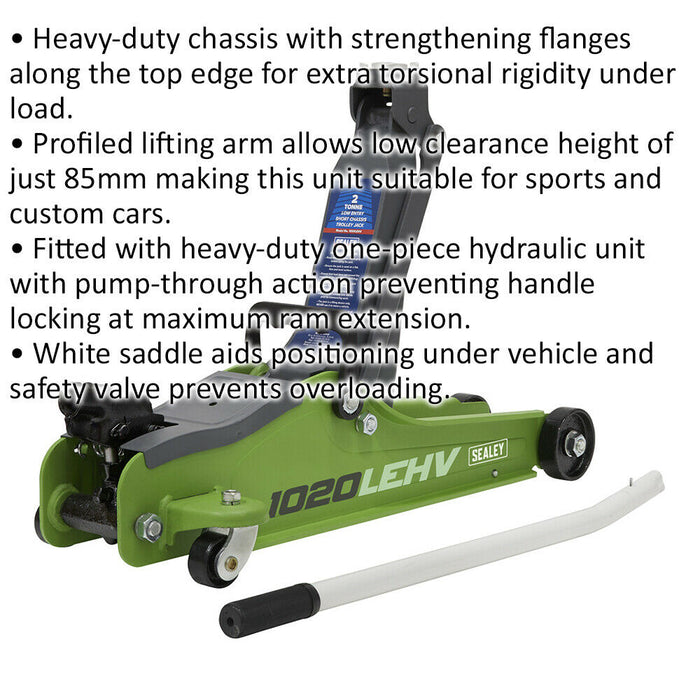 Green Short Chassis Trolley Jack - 2000kg Limit - 385mm Max Height - Low Entry Loops