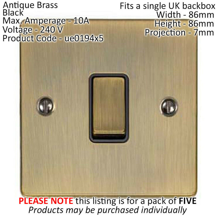 5 PACK 1 Gang Single Metal Light Switch ANTIQUE BRASS 2 Way 10A Black Trim Loops