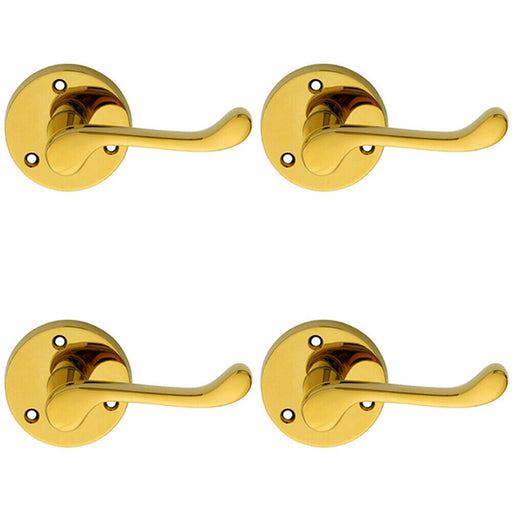 4x PAIR Victorian Scroll Lever on 58mm Round Rose Polished Brass Door Handle Loops