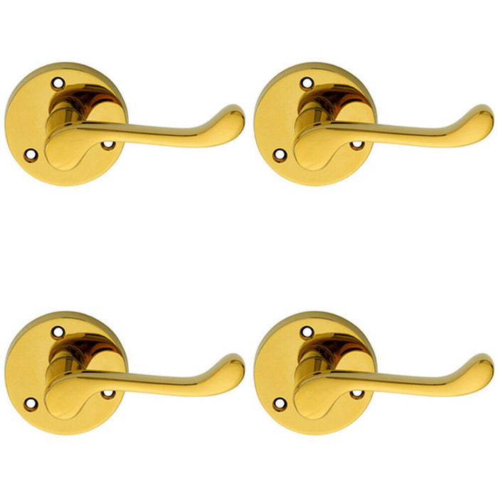 4x PAIR Victorian Scroll Lever on 58mm Round Rose Polished Brass Door Handle Loops