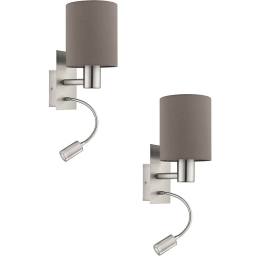 2 PACK Wall Light Satin Nickel Shade Anthracite Brown Fabric E27 40W LED 3.5W Loops