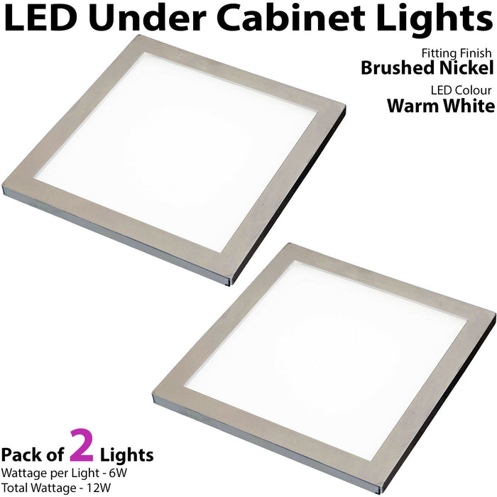 2x 6W LED Kitchen Cabinet Flush Panel Light & Driver Brushed Nickel Warm White Loops