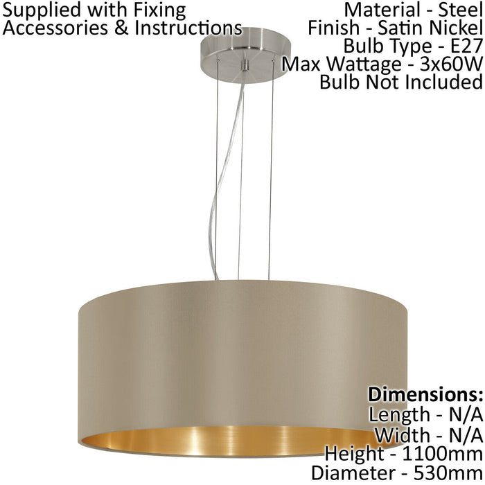 Pendant Light Colour Satin Nickel Steel Shade Taupe Gold Fabric Bulb E27 3x60W Loops