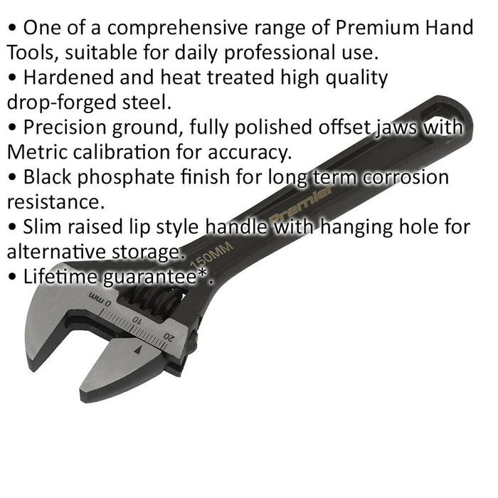 150mm Adjustable Drop Forged Steel Wrench - 19mm Offset Jaws Metric Calibration Loops