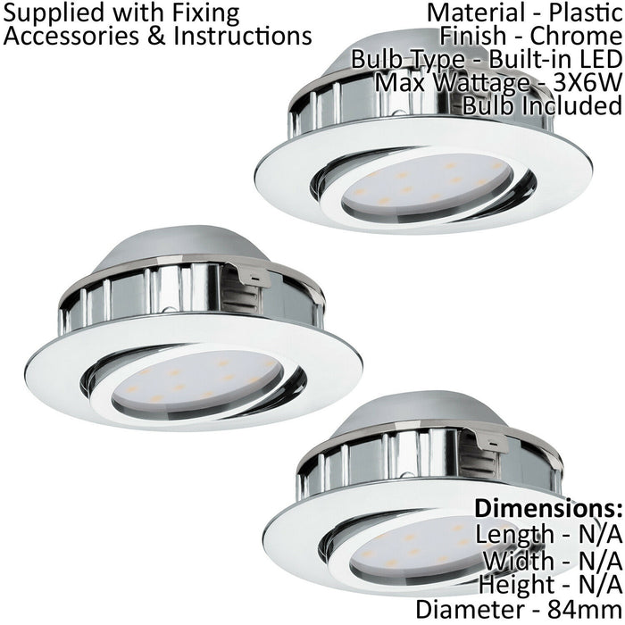 3 PACK Flush Ceiling Downlight Chrome Recessed Spotlight 6W Built in LED Loops