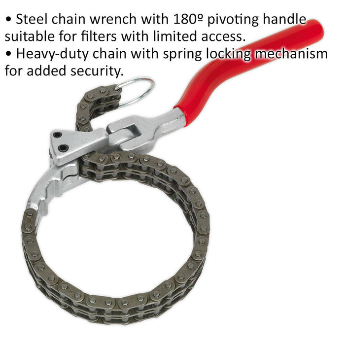 Steel Oil Filter Chain Wrench - 60mm to 105mm - 180 Degree Pivoting Handle Loops