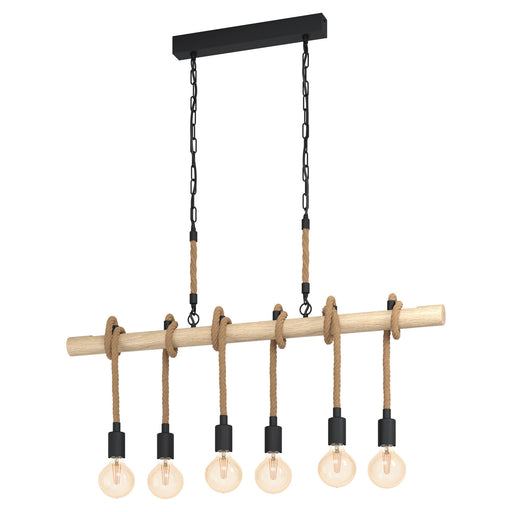 Hanging Ceiling Pendant Light Black & Wood / Rope 6x E27 Kitchen Island Lamp Loops