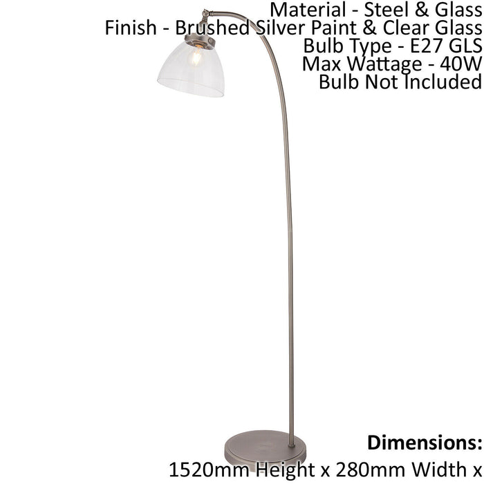Floor Lamp Light - Brushed Silver Paint & Clear Glass - 40W E27 - Standing Loops