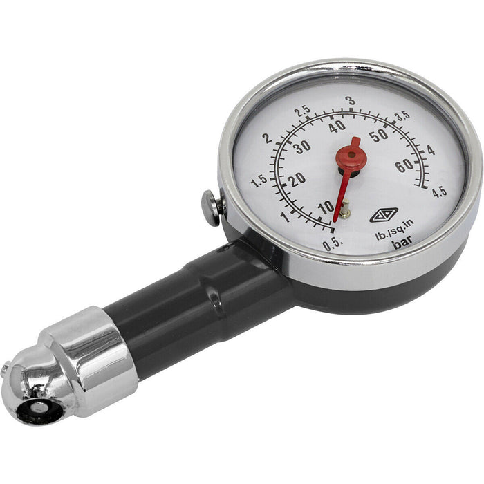 60psi Premium Tyre Pressure Gauge with Offset Valve Connector - Metal Body Dial Loops