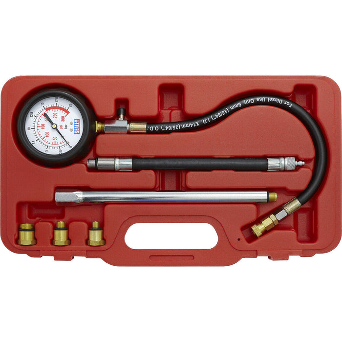 6 Piece Petrol Engine Compression Tester - 300psi Gauge - Flexible Extension Loops