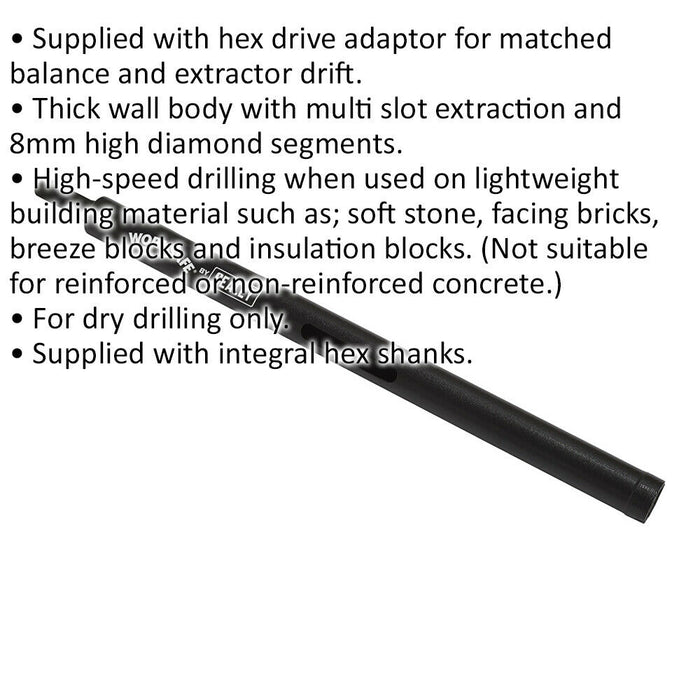 22mm x 300mm - Dry Diamond Core Drill Hole Saw - Hex Drive Adaptor - Drill Bit Loops