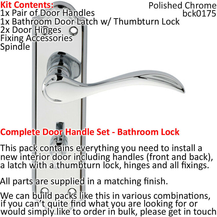 Door Handle & Bathroom Lock Pack Chrome Victorian Curved Thumb Turn Backplate Loops
