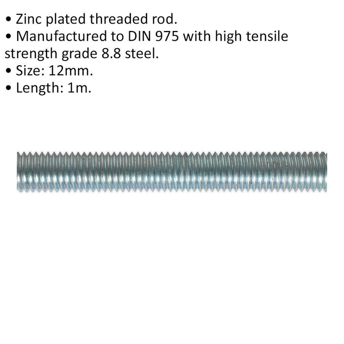 5 PACK Threaded Studding Rod - M12 x 1mm - Grade 8.8 Zinc Plated - DIN 975 Loops