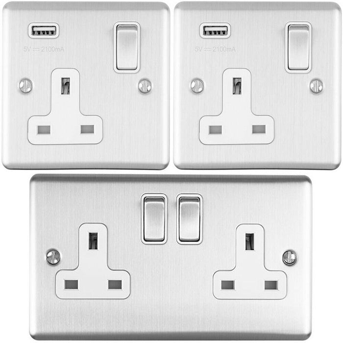 Bedside Plug Socket Pack-2x Single / USB & 1x Twin Gang-SATIN STEEL / Grey 13A Loops