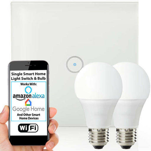 WiFi Light Switch & Bulb 2x 10W E27 Warm White Lamp & Single Wireless Wall Plate Loops